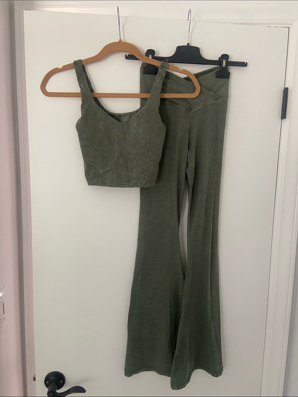 Aerie Real Me Double Crossover Flared Pants and Crop Top SET green